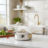 Mauviel M'ELITE B Hammered 5-Ply Saute Pan With Curved Lid, Brass Handle