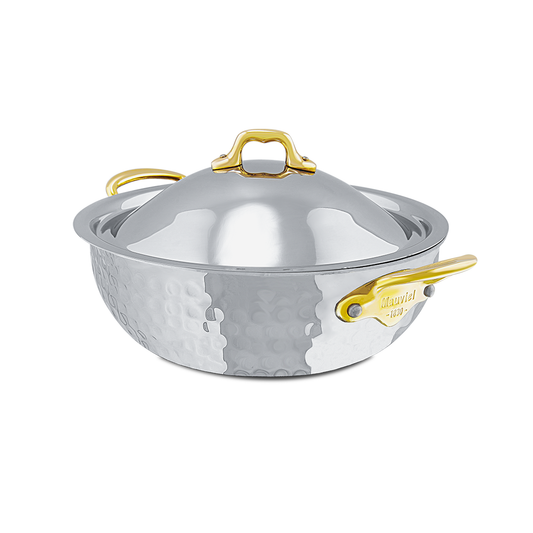 Mauviel M'ELITE B Hammered 5-Ply Curved Splayed Saute Pan With Lid, Brass Handles