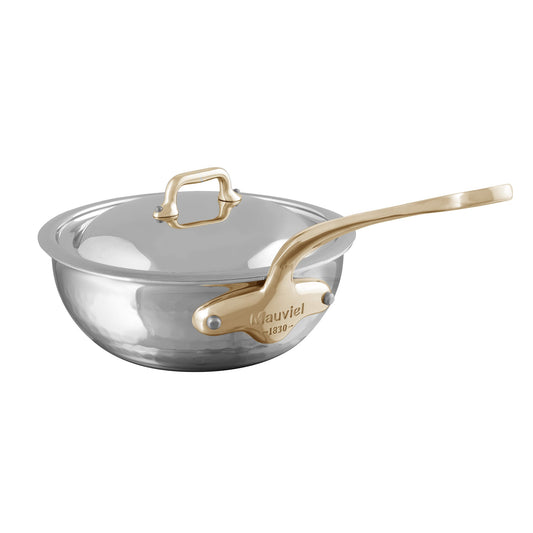 Mauviel M'ELITE B Hammered 5-Ply Chef Pan With Curved Lid, Brass Handle, 3.4-Qt