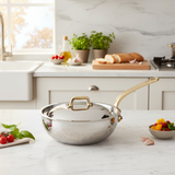Mauviel M'ELITE B Hammered 5-Ply Chef Pan With Curved Lid, Brass Handle, 3.4-Qt