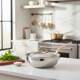 Mauviel M'ELITE B Hammered 5-Ply Chef Pan With Curved Lid, Brass Handle, 3.4-Qt