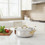 Mauviel M'ELITE B Hammered 5-Ply Rondeau With Curved Lid, Brass Handles, 6-Qt