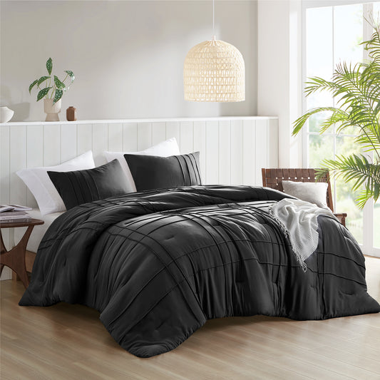 Grid Textured Soft Washed Pleated Comforter Set, Black