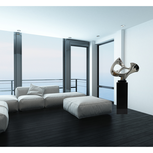 Abstract Mask 54" Tall Floor Sculpture // Chrome with Black Stand
