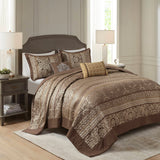 5 Piece Reversible Jacquard Bedspread Set, Brown/Gold