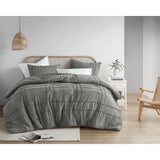 Grid Pattern Soft Washed Pleated Duvet Cover Set, Grey