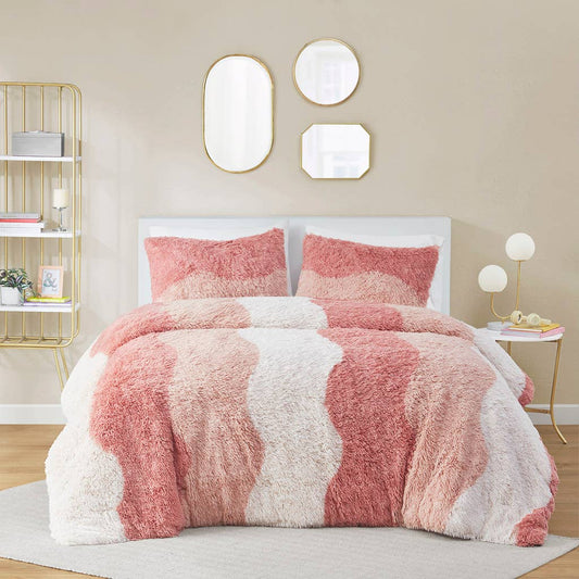 Tonal Wave Striped Shaggy Faux Fur Duvet Cover Set, Blush
