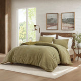3 Piece Vintage Waffle Washed Comforter Set, Green