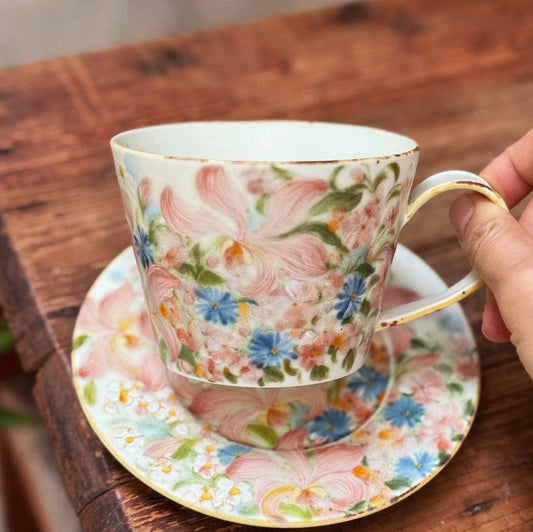 Painted Blossom Ceramic Coffee Cup & Saucer Set