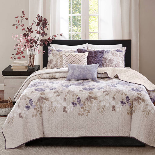 6 Piece Watercolor Floral Reversible Quilt Set, Taupe
