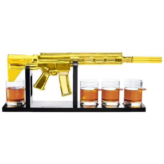 AR15 Gold Whiskey Decanter Set with 4 Bullet Whiskey Glasses