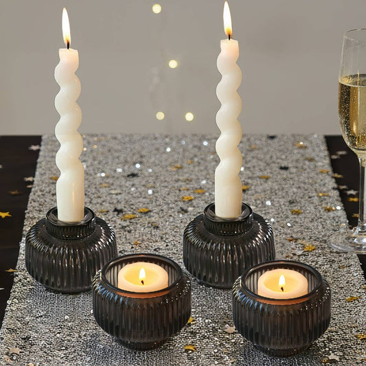 Fluted Smoke Gray Glass Candle Holders Set of 4