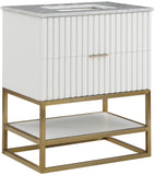Monad Carrara Marble Contemporary Bathroom Vanity with Brushed Gold Base and Elegant Design