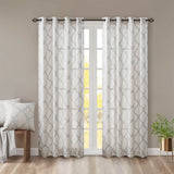 Fretwork Print Grommet Top Window Curtain Panel, Ivory/Grey