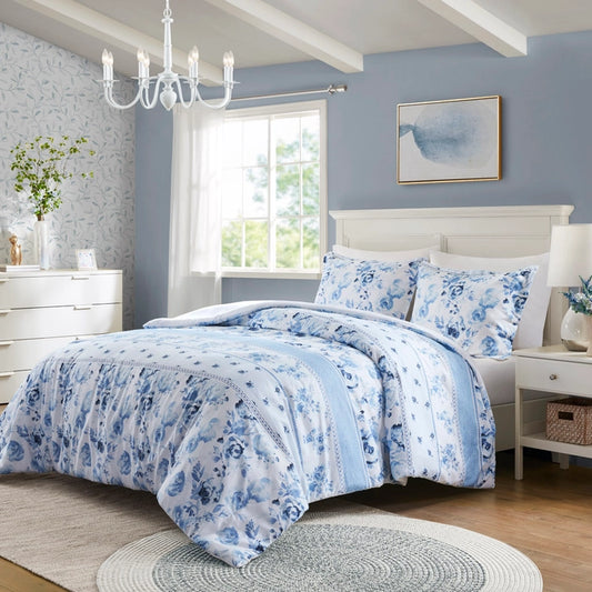 Dreamy Vintage Floral Striped Duvet Cover Set, Blue