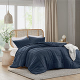 Grid Soft Washed Pinch Pleated Comforter Set, Navy