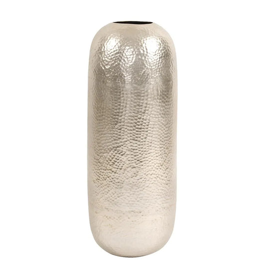 Oversized Metal Cylinder Vase with Hammered Silver Finish- Large
