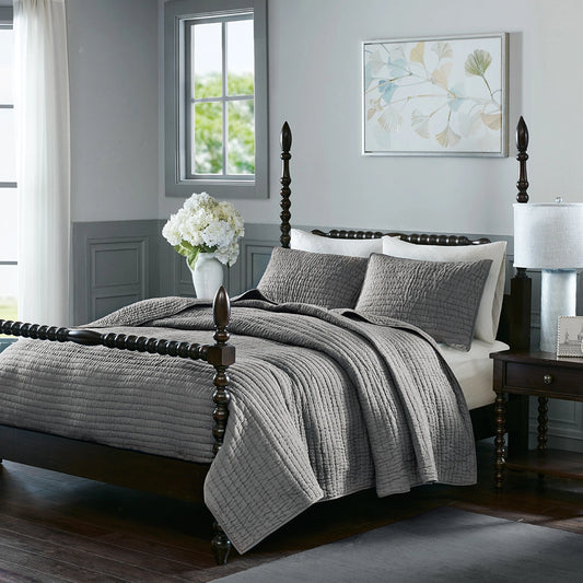 3 Piece Hand Quilted Cotton Quilt Set, Grey