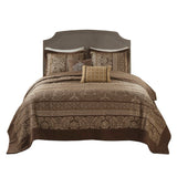 5 Piece Reversible Jacquard Bedspread Set, Brown/Gold