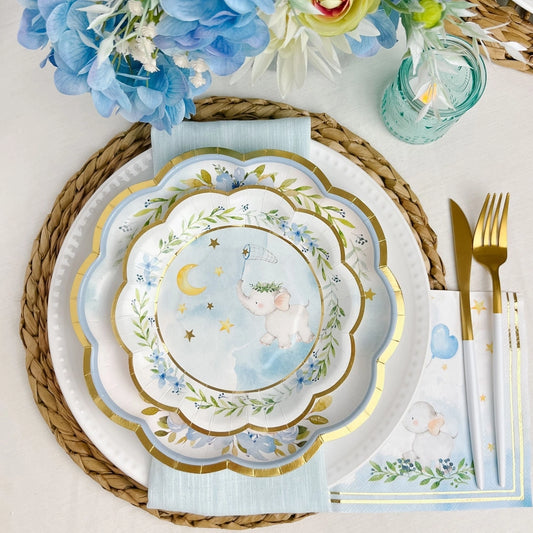 Elephant Baby Shower 7 in. Premium Paper Plates - Blue (Set