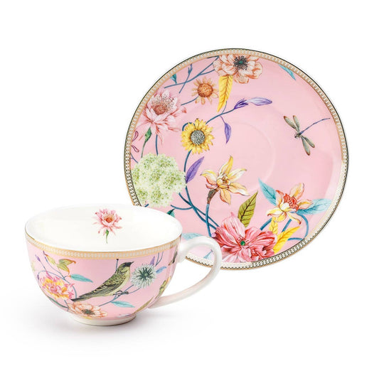 Spring Flowers Bird Pink Porcelain Latte Cup and Saucer Set