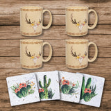 Desert Skull Mug and Cactus Blooms Coaster 8PC Set