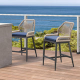 PURPLE LEAF Patio Sunbrella Bar Stools Set of 2 Rattan Bar Aluminum Bar Stool Outdoor Barstools with Back and Cushion for Garden Kitchen Island