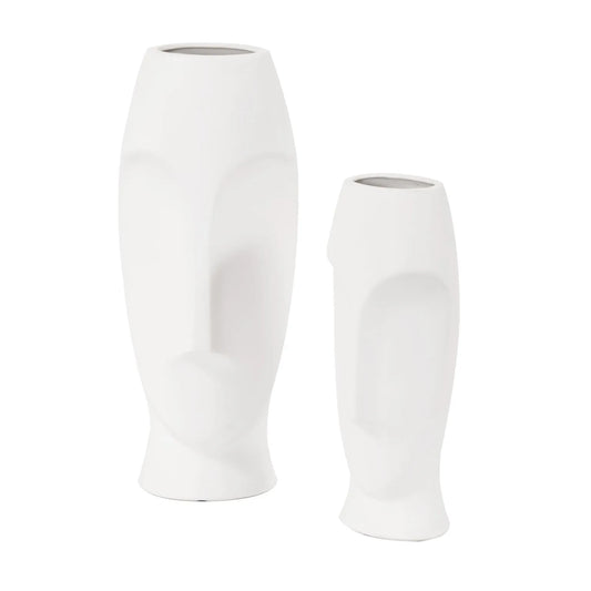 Abstract Faces Matte White Ceramic Vases -Set of 2