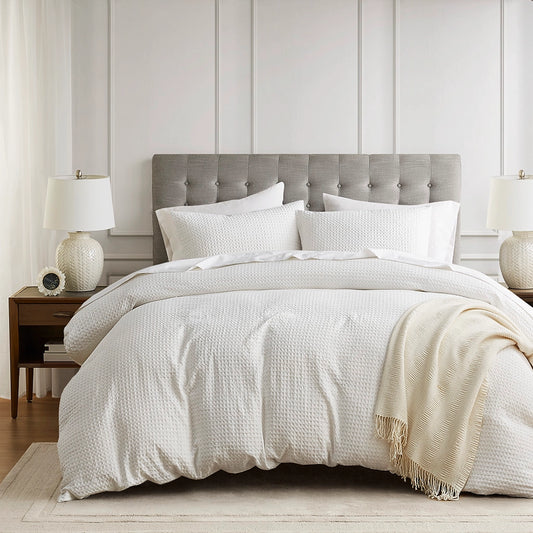 Waffle Weave Textured Duvet Cover Set, White