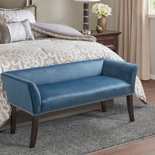 Flared Low Arm Low Back Accent Bench, Leather Blue