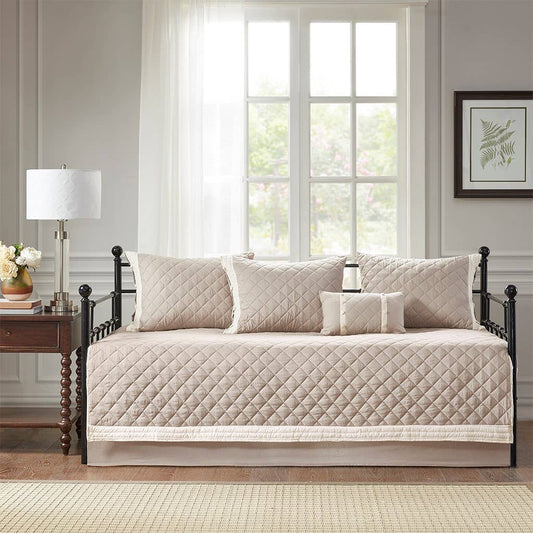 6 Piece Cotton Diamond Quilted Daybed Cover Set, Khaki