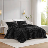 3 Piece Ultra Soft Faux Fur Ribbed Comforter Set, Black