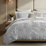 Stone-Washed Leaf Patterned Jacquard Duvet Set, Light Gray
