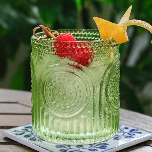 10 oz Green Retro Floral Ribbed Glasses Set of 6