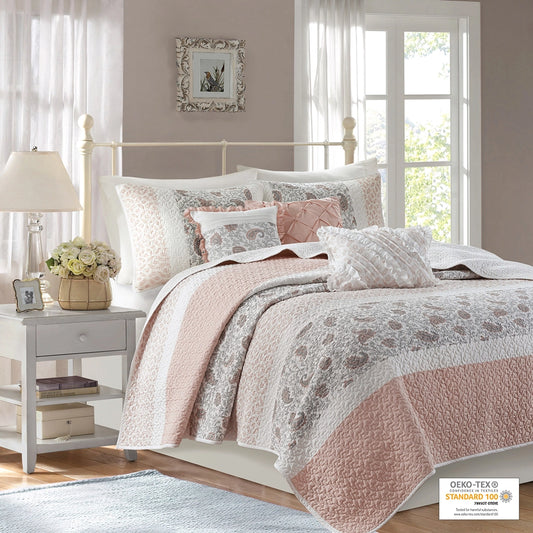 6 Piece Cotton Percale Quilt Set with Throw Pillows, Blush