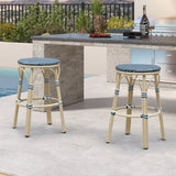 PURPLE LEAF Patio French Round Counter Stool Set of 2 Rattan Backless Stackable Barstools Aluminum Frame Footrest with Woven Wicker for Outdoor Kitchen Yard