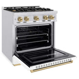 ZLINE 36" Dual Fuel Range, Gas Cooktop, Electric Convection Oven DuraSnow® Stainless Steel, White Matte Door Polished Gold CDRSZ-WM-36-G
