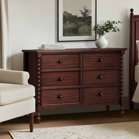 Wholesale 46"W 6-Drawer Small Spindle Wood Dresser, Morocco Brown *