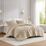 3 Piece Ultra Soft Faux Fur Ribbed Comforter Set, Taupe