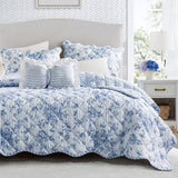 Vintage Inspired Floral Microfiber Quilt Set, Blue