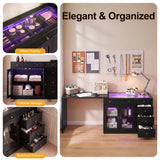 Rotatable L-Shaped Vanity Desk with Led Light, Double Arched
