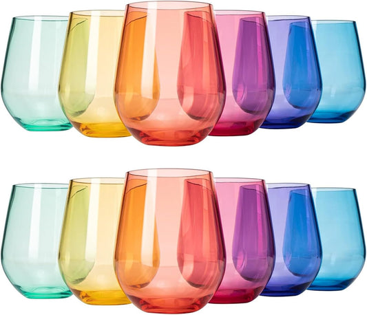 European Style Plastic Crystal Unbreakable Stemless Wine Glasses Set of 12
