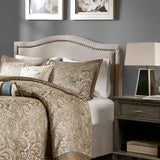 Upholstered Bed Headboard with Nailheads Accent, Taupe
