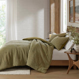 3 Piece Vintage Waffle Washed Comforter Set, Green