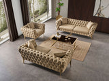 Aurora Contemporary Loveseat with Deep Button Tufting and Gold Stainless Steel Legs for Stylish Comfort