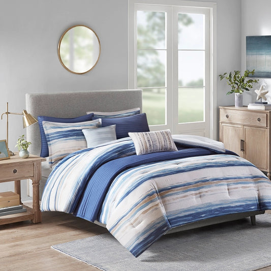 Serene Watercolor Coastal Comforter and Coverlet Set, Blue