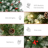HOMCOM 7.5ft Pre-Lit Snow-Dipped Artificial Christmas Tree with Realistic Branches, 350 LED Lights, Pine Cones, Red Berries and 1075 Tips