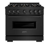 ZLINE 36" Dual Fuel Range, Gas Cooktop, Electric Convection Oven Black Stainless Steel Brass Burners, CDRB-BR-36