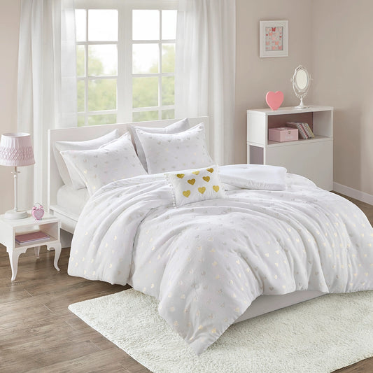 Gold Metallic Printed Plush Comforter Set, White
