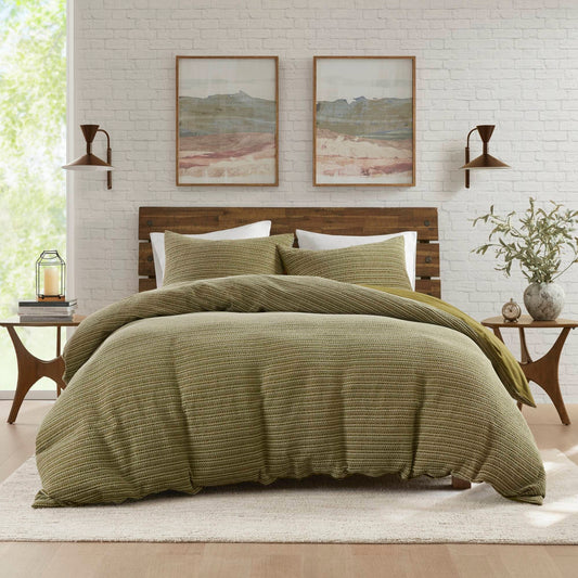 Stone-Washed Cotton Waffle Texture Duvet Cover, Green